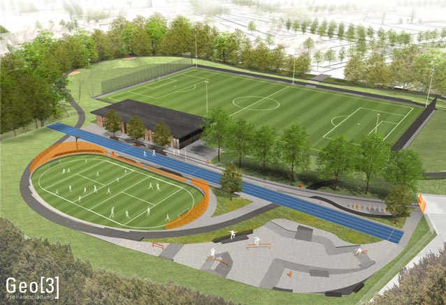 Sportanlage Radrennbahn: das neue Kunststoffrasenspielfeld wird eingeweiht